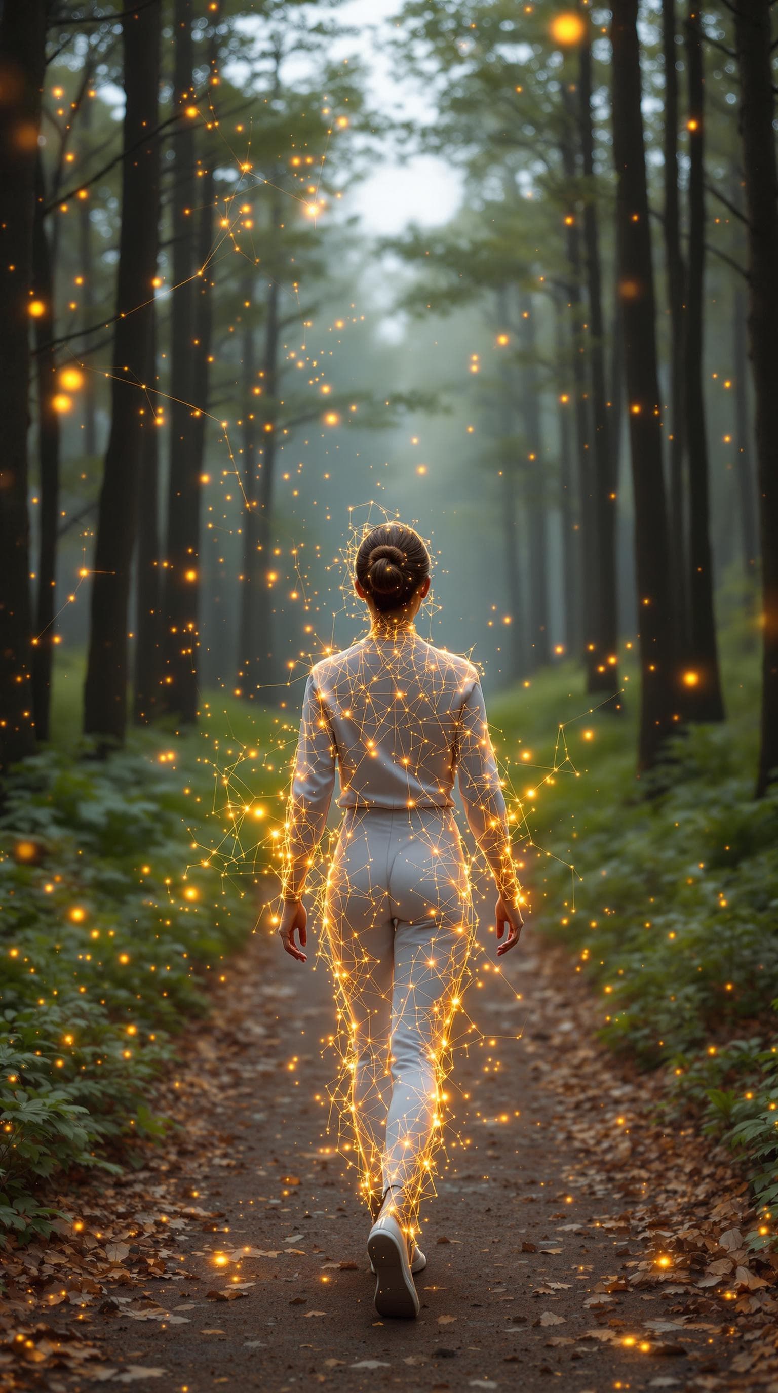 AI generated: A hyperrealistic woman walks toward us, facing the camera, along a very realistic forest trail. Make...