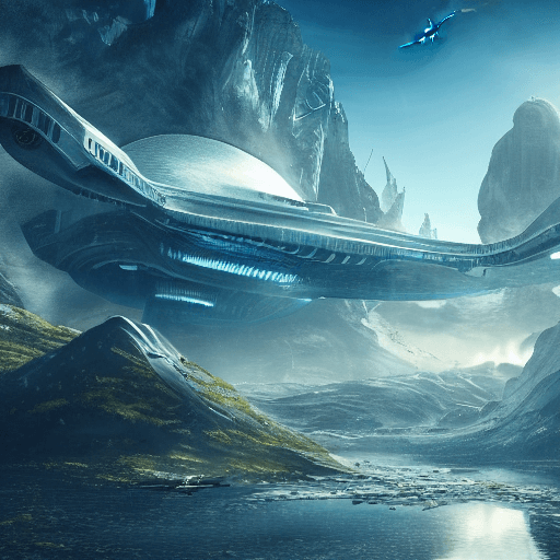 AI generated: beautiful sci-fi monolythes with alien runes in a plain near a river with a small spaceship flying a...