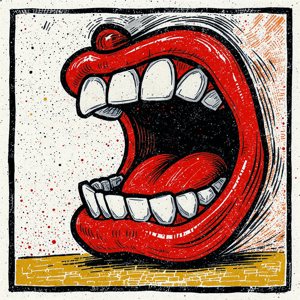 AI generated: A side-on cartoon-style mouth, wide open as if roaring or ready to eat, designed in a rough lino cut...