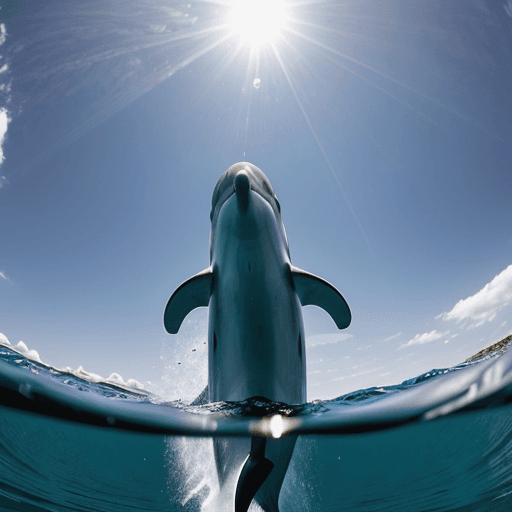 AI generated: a dolphin jumping over the water, by Robert Jacobsen, hurufiyya, shot from below, trending on nation...