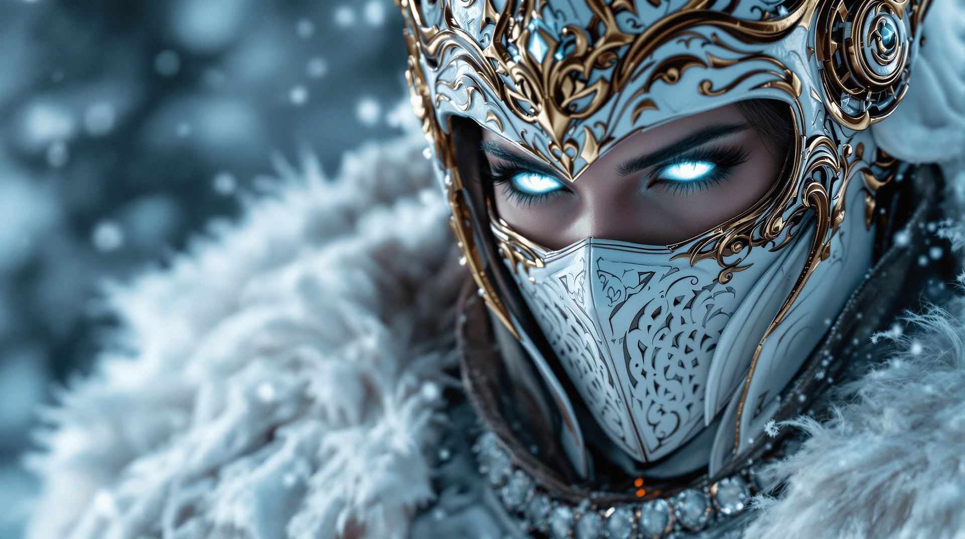 AI generated: Close-up portrait of a female warrior, wearing intricate white and gold ornate armor, featuring a ma...
