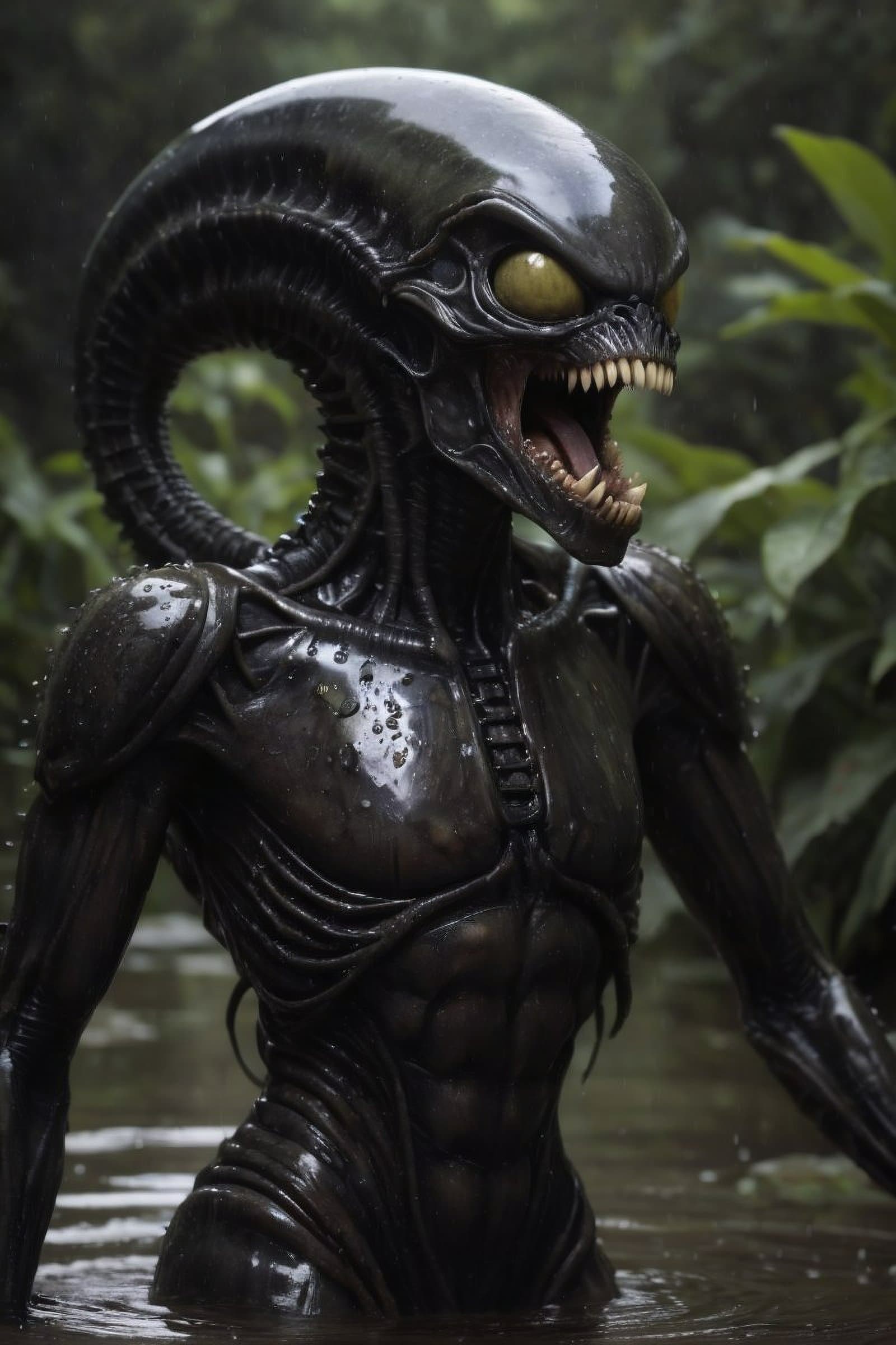 AI generated: Zombie Xenomorph, water drops, nathan wirth, dean cornwell, toni frissell, hyperrealistic, intense g...