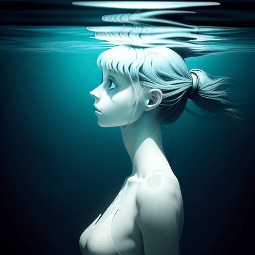 AI generated: alice floating horizontally under water.
realistic, not creepy
looking towards the top
 arm pointing...