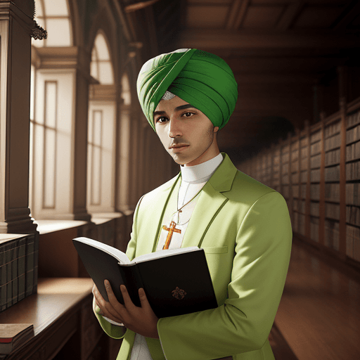 AI generated: portrait of a male priest of hesinde inside a temple library, short curly hair, lime colored clothes...