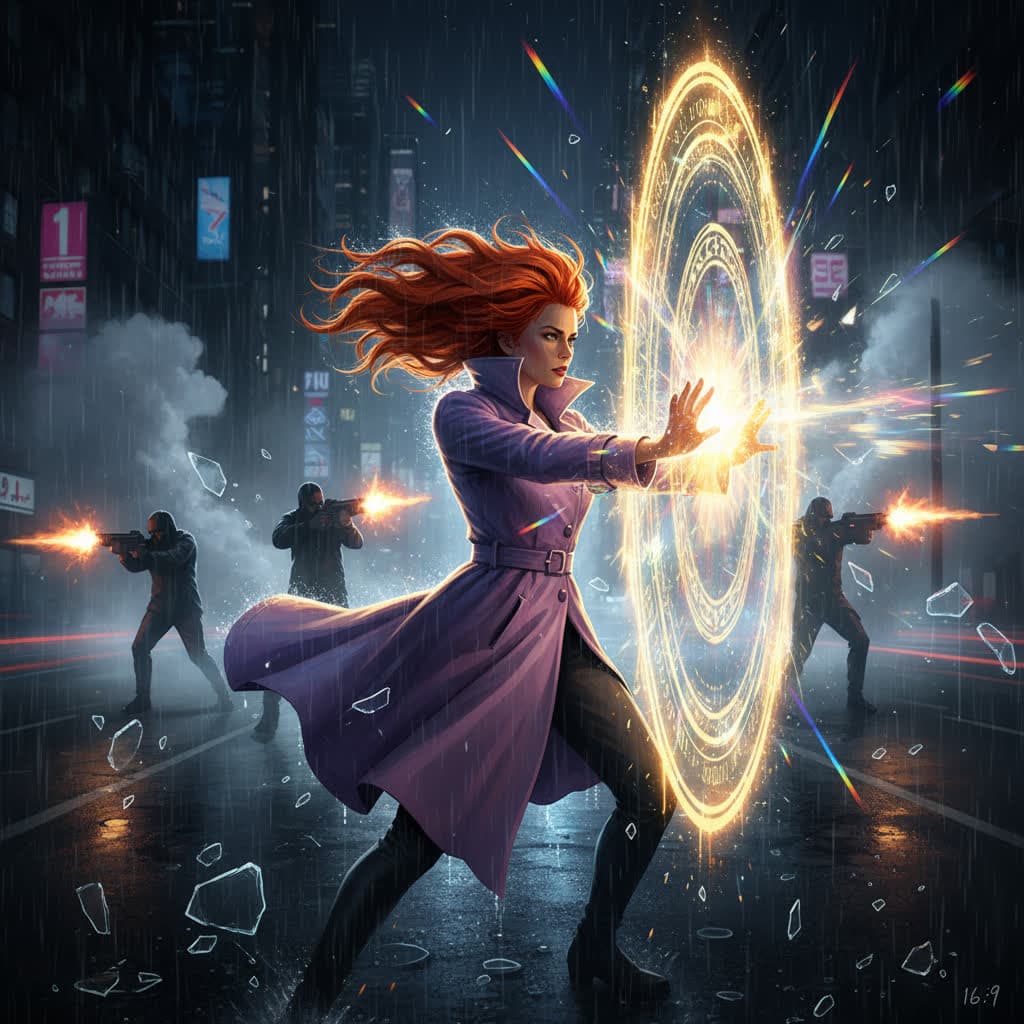 AI generated: modern city street at night, lawful-good mage casting a radiant ward, red hair whipping in rain in a...