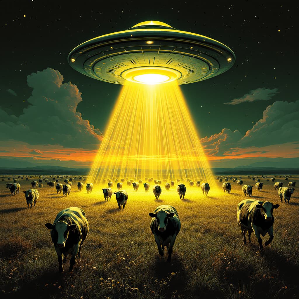 AI generated: A large flying saucer shines down light on cows running around in the field, in the style of vintage...