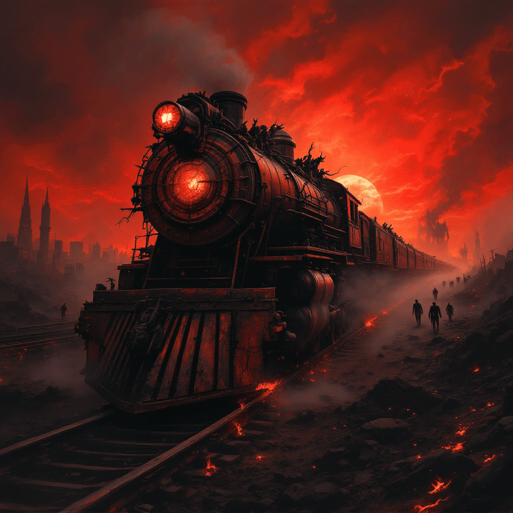 AI generated: A rusted, infernal locomotive thunders across a scorched, apocalyptic wasteland beneath a blood-red ...