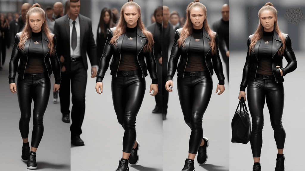 AI generated: Ronda Rousey, (black jacket:1. 4), (black pants:1. 5), (long hair:1. 4), black shoes, leather outfit