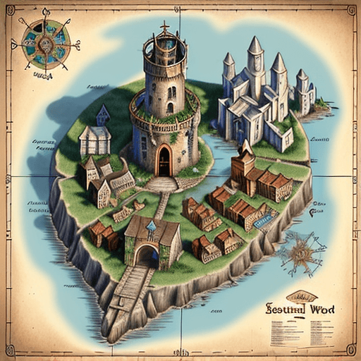 AI generated: Map of an island with steampunk city to the east,  medieval city west, small port town with a wizard...