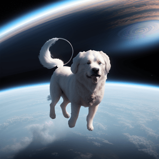 AI generated: dog made of clouds howling at giant rising planet with rings in space, curvature of earth, aerial vi...
