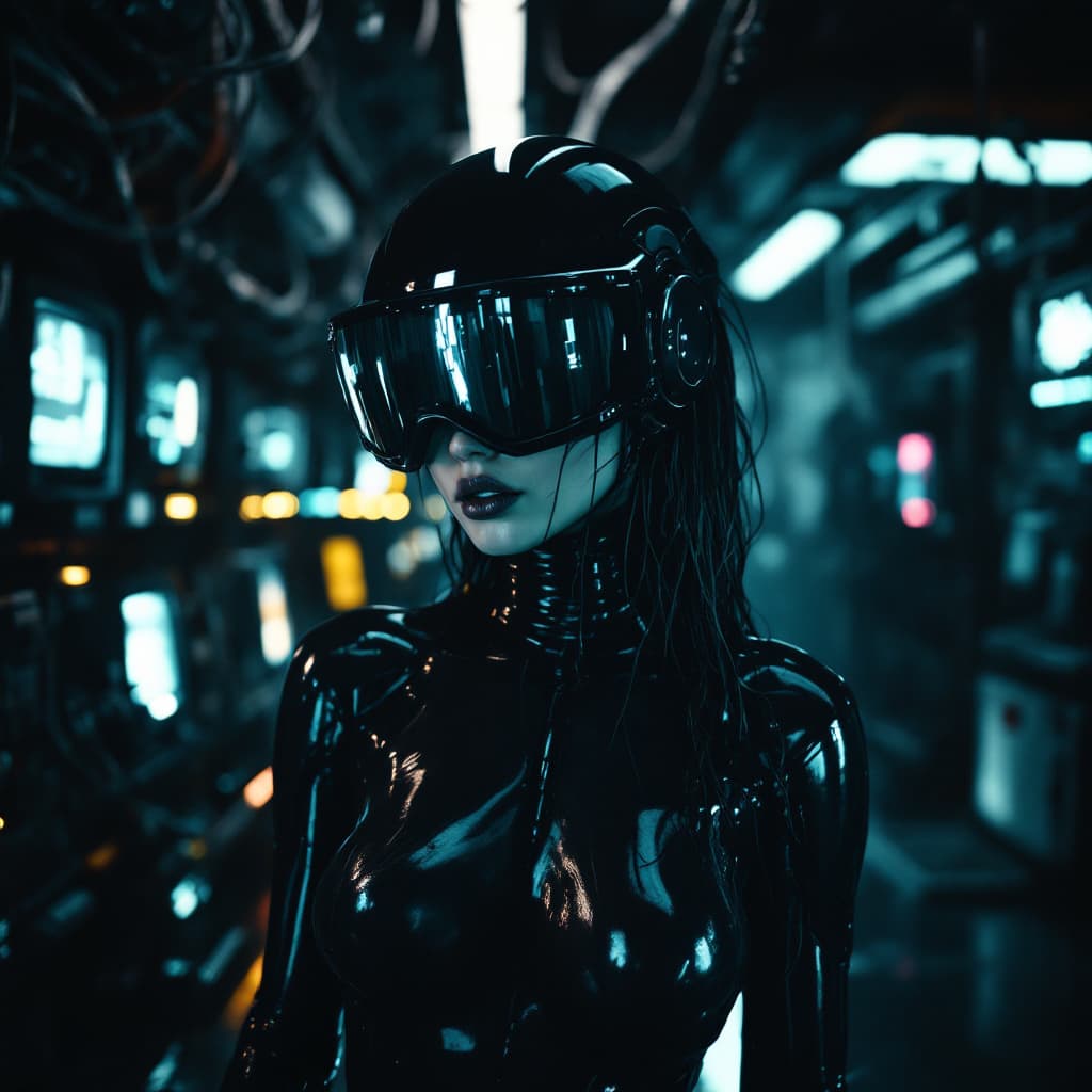 AI generated: Cinematic cyberpunk portrait of a mysterious female figure in a glossy black latex bodysuit with tra...
