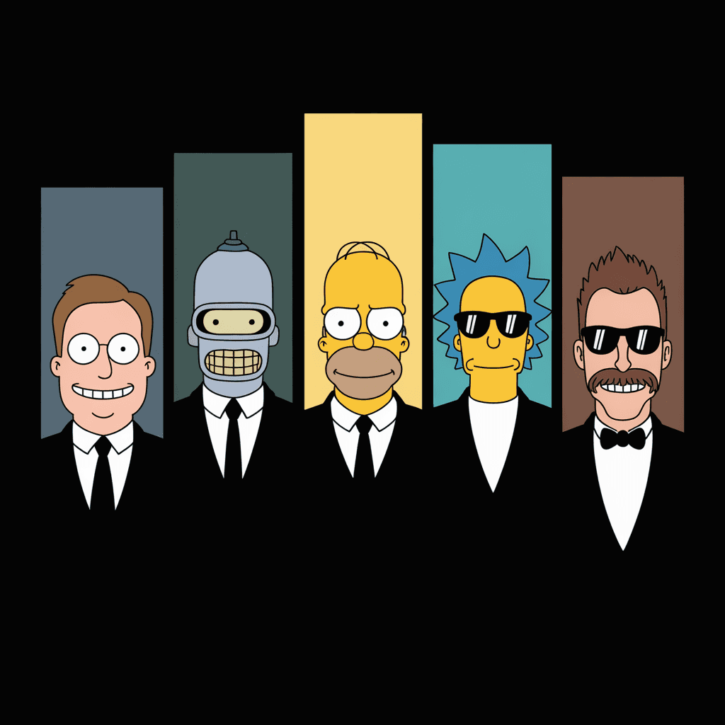 AI generated: Cartoon illustration of Roger from American Dad, Bender from Futurama, Homer Simpson from The Simpso...