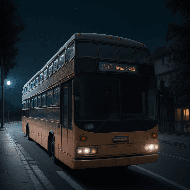 AI generated: the bus is waiting under the moonlight, night sky, dim-lit street, different angles, uhd image, macr...