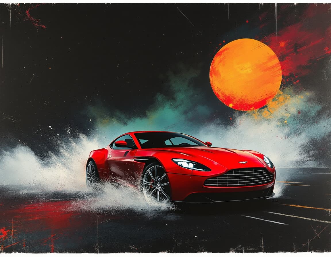 AI generated: void pursuit looking at camera eyes90's poster
Aston Martin DB12 bright red on small eclipse scuffs,...