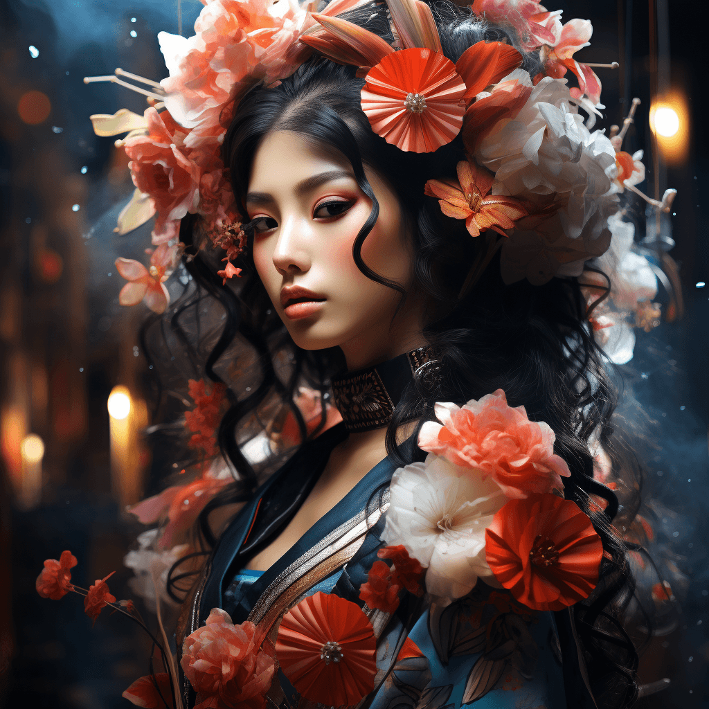 AI generated: An ethereal Geisha amidst a festival night, paper lanterns illuminating the lively streets, a vibran...