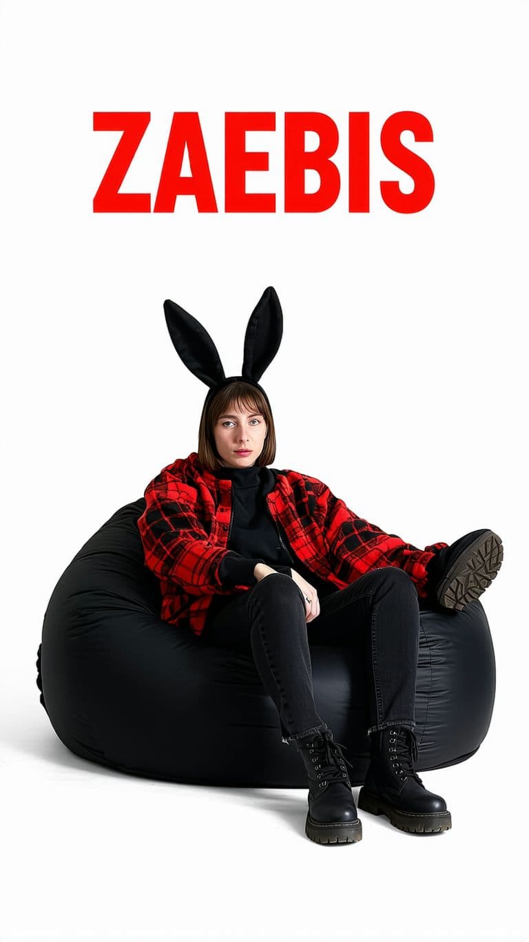 AI generated: The image shows a person sitting on top of a black bean bag chair. The person is wearing a red and b...