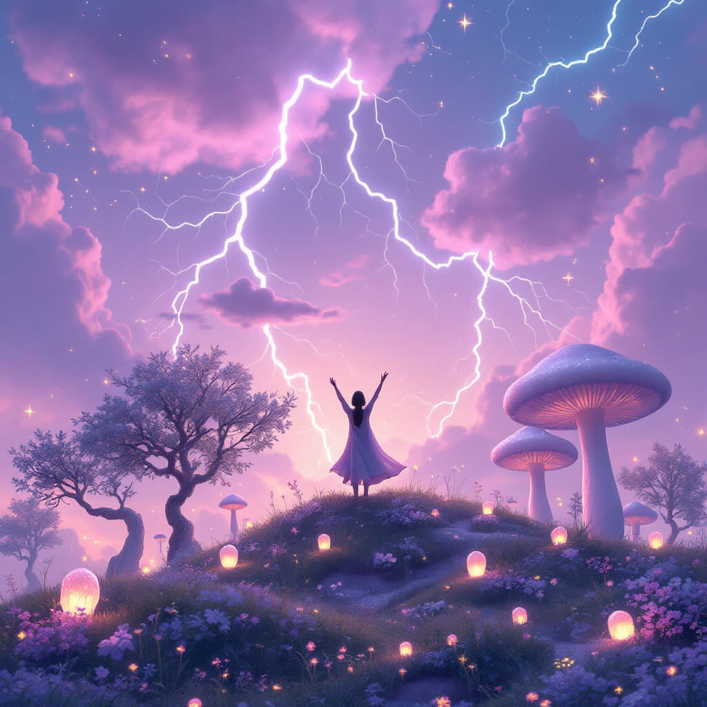 AI generated: A surreal night-time dreamscape where whimsical lightning arcs across a lavender sky like glowing ri...