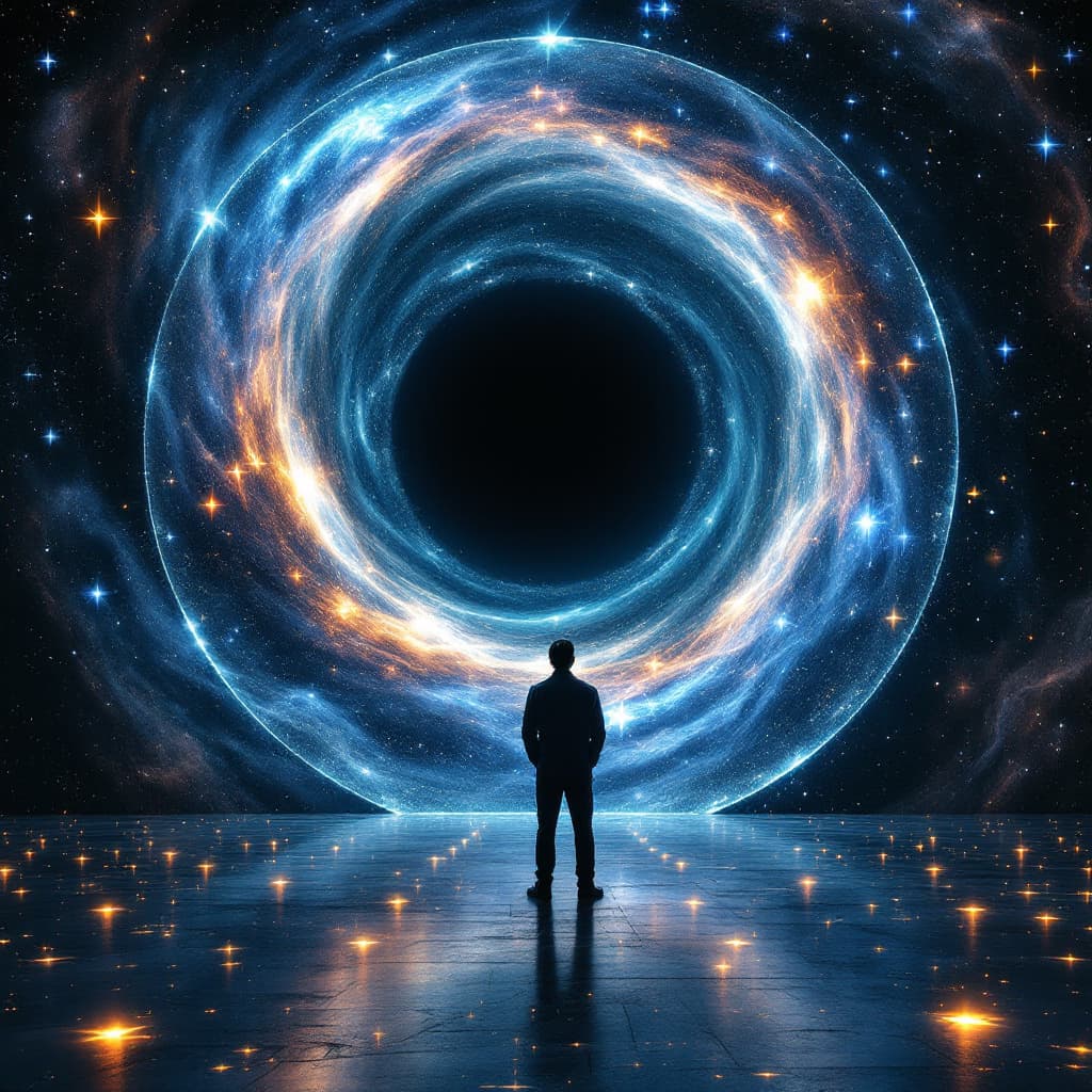 AI generated: a computer scientist in front of a giant mirror as a virtual portal between stars and in the backgro...