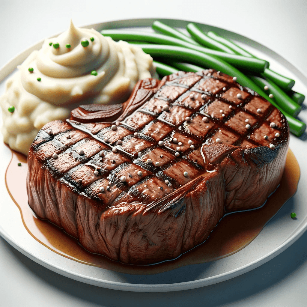 AI generated: 3D hyper-realistic image of a juicy beef steak, grilled to medium-rare perfection, placed on a white...