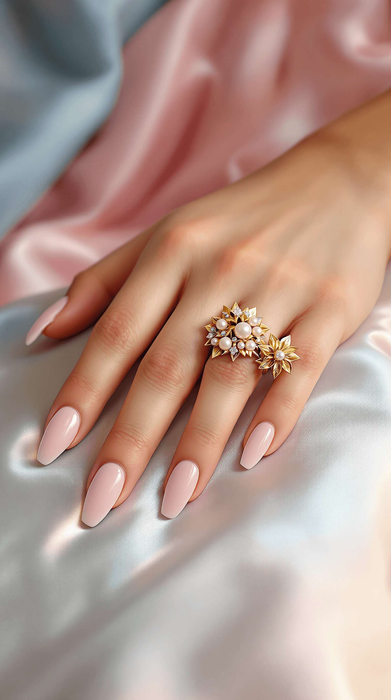 AI generated: A close-up shot of the model's hands resting delicately on a silk-covered surface, showcasing her lo...