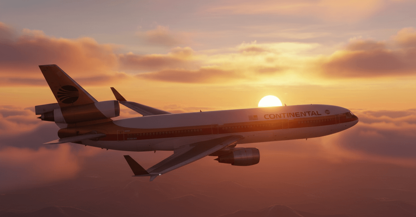 AI generated: 1980's Continental DC-10 with the gold and red colors flying at sunset.