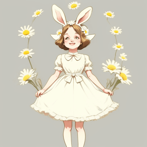 AI generated: vintage style artwork of a cute happy baby rabbit wearing cute modern dress, a bow on her head, stan...