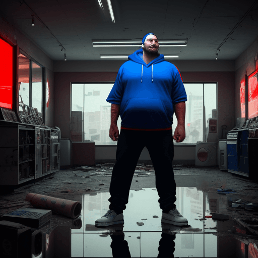 AI generated: refection in a broken store front appliance store of a man 6 foot with beer belly in a hoodie holdin...