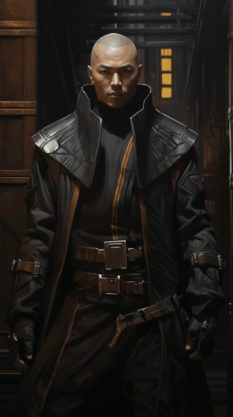 AI generated: (masterpiece, best quality, detailed)), military setting, wind_lift, asian Wu Jing as cyberpunk guar...