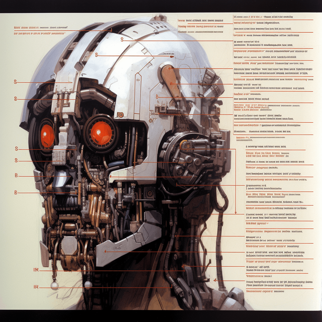 AI generated: Sketches, blueprint of futuristic sci fi, android, robot, formulas and annotations, schematic by par...