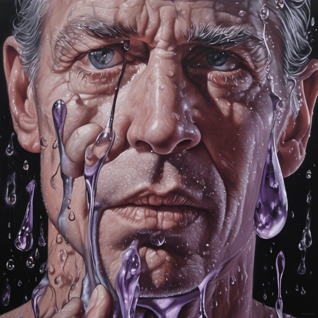 AI generated: surrealist painting of water droplets on the stem of a man, melting, intertwining materials, light s...