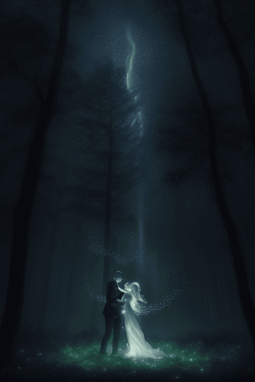 AI generated: Dark, mystical forest sky with scattered stars, illuminated by an ethereal glow, as two delicate, gl...