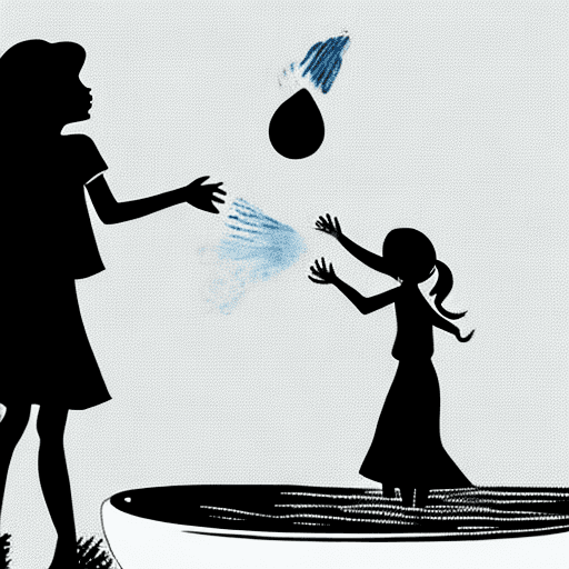 AI generated: a girl throwing water from a bowl into the distance.  style: silhouette