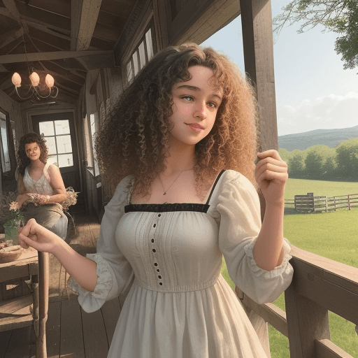 AI generated: A fair girl with curly hair on a trip with her friends to a farmhouse, her two best friends are in l...