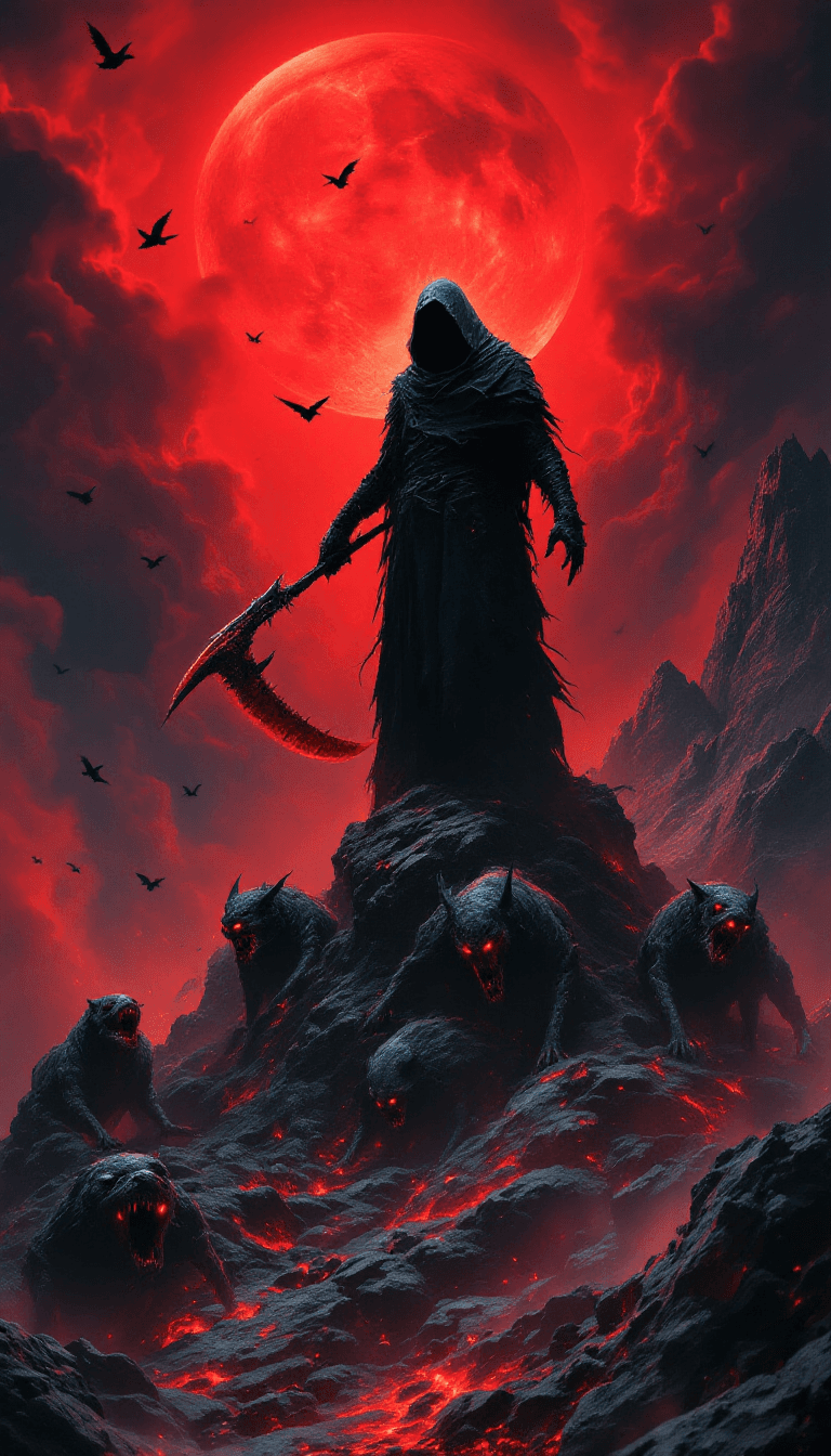 AI generated: A dark, cloaked figure of death stands tall and imposing atop a jagged, infernal mountain range unde...