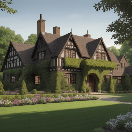 AI generated: Landscaping for a tudor house with a large open yard with bushes providing some privacy in high reso...