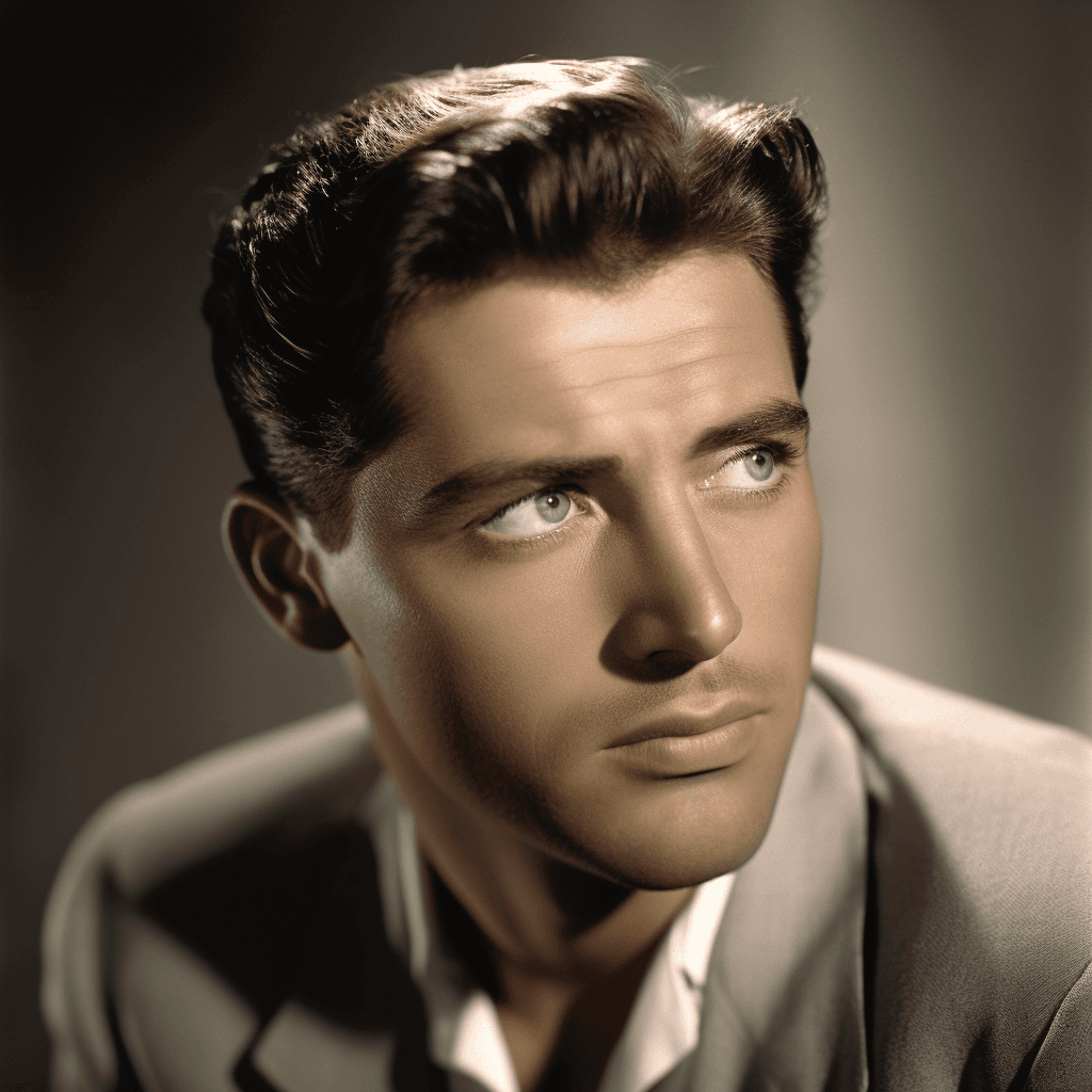 AI generated: hollywood, perfect eyes, perfect face, colorized, actor man, handsome, 1940's