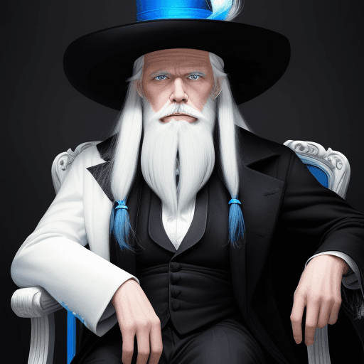 AI generated: an old white gentleman with long white hair with blue eyes, with white beard sitting on a chair with...