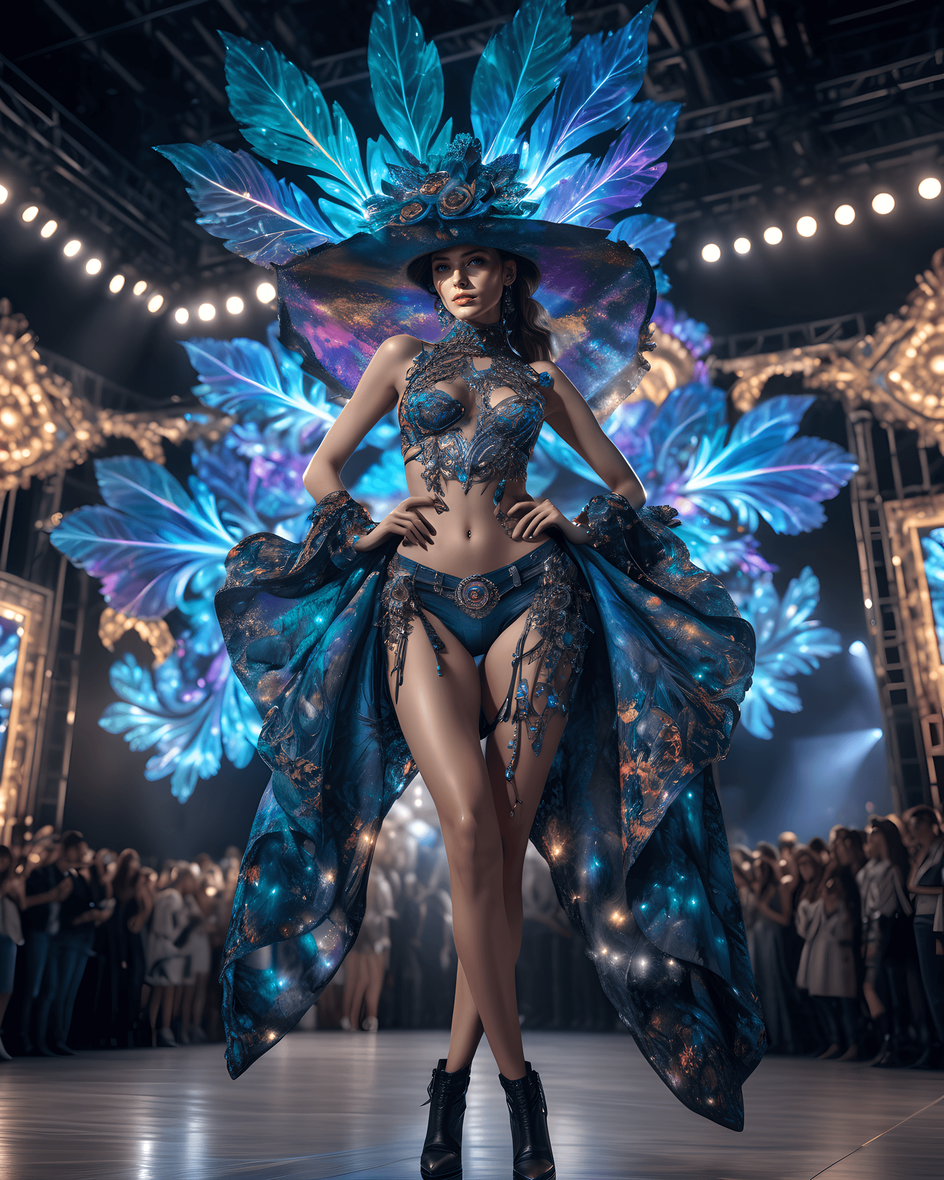 AI generated: fashion show stage, official art, art-station, beautiful and aesthetic, 1girl, extreme detailed,(fra...