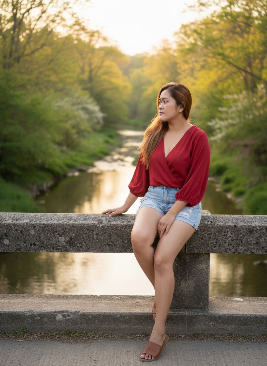 AI generated: A woman sits on the railing of a bridge overlooking a serene creek, its waters reflecting the warm s...