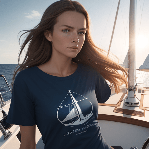 AI generated: woman on a sailboat, wearing a T-shirt in the style of outdoor fashion shoot, natural lighting, ligh...
