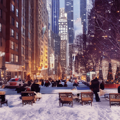AI generated: People eating and chilling  out in winter on a street of new york city america, tall buildings, ligh...
