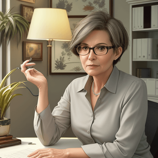AI generated: hyper realistic photo, elegant 45-year-old woman sitting at her desk in her personal office, very sh...