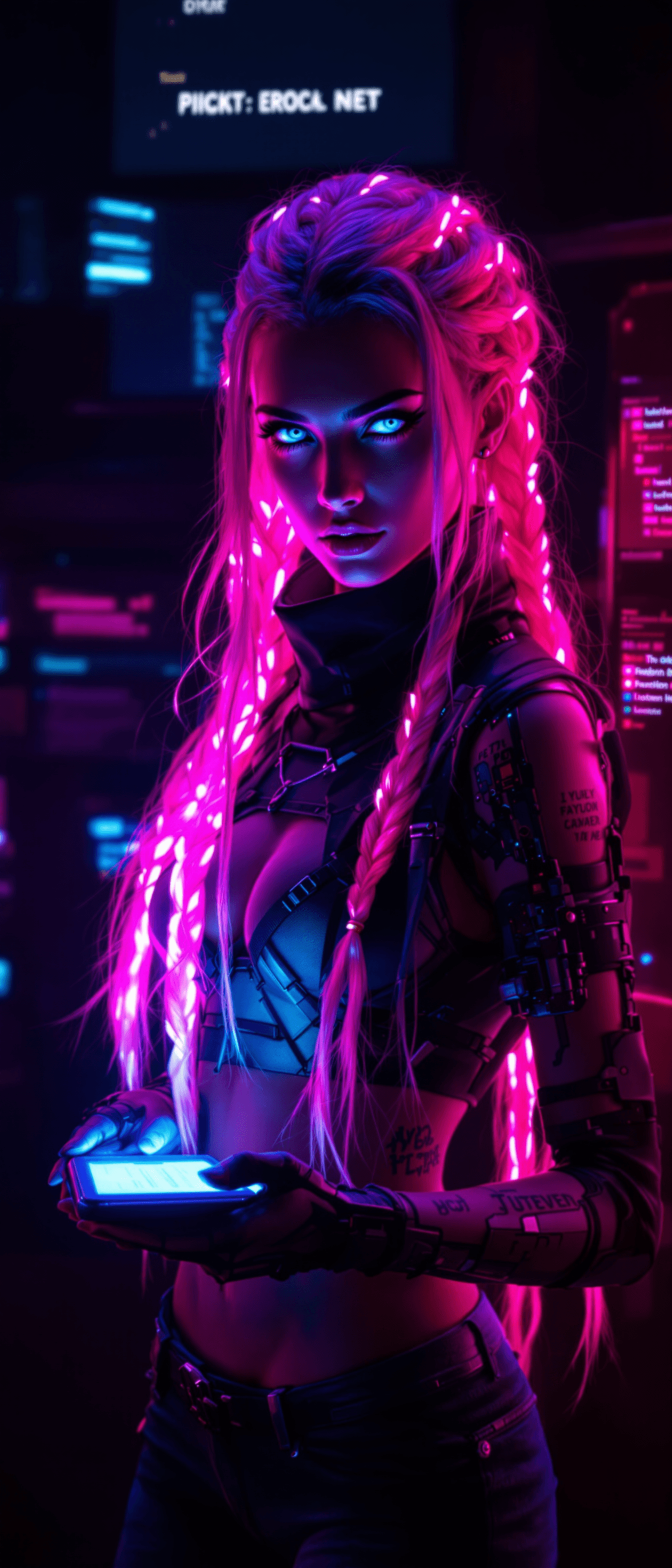 AI generated: A captivating cyberpunk hacker stands against a dark, gradient-black backdrop, with the glow of comp...