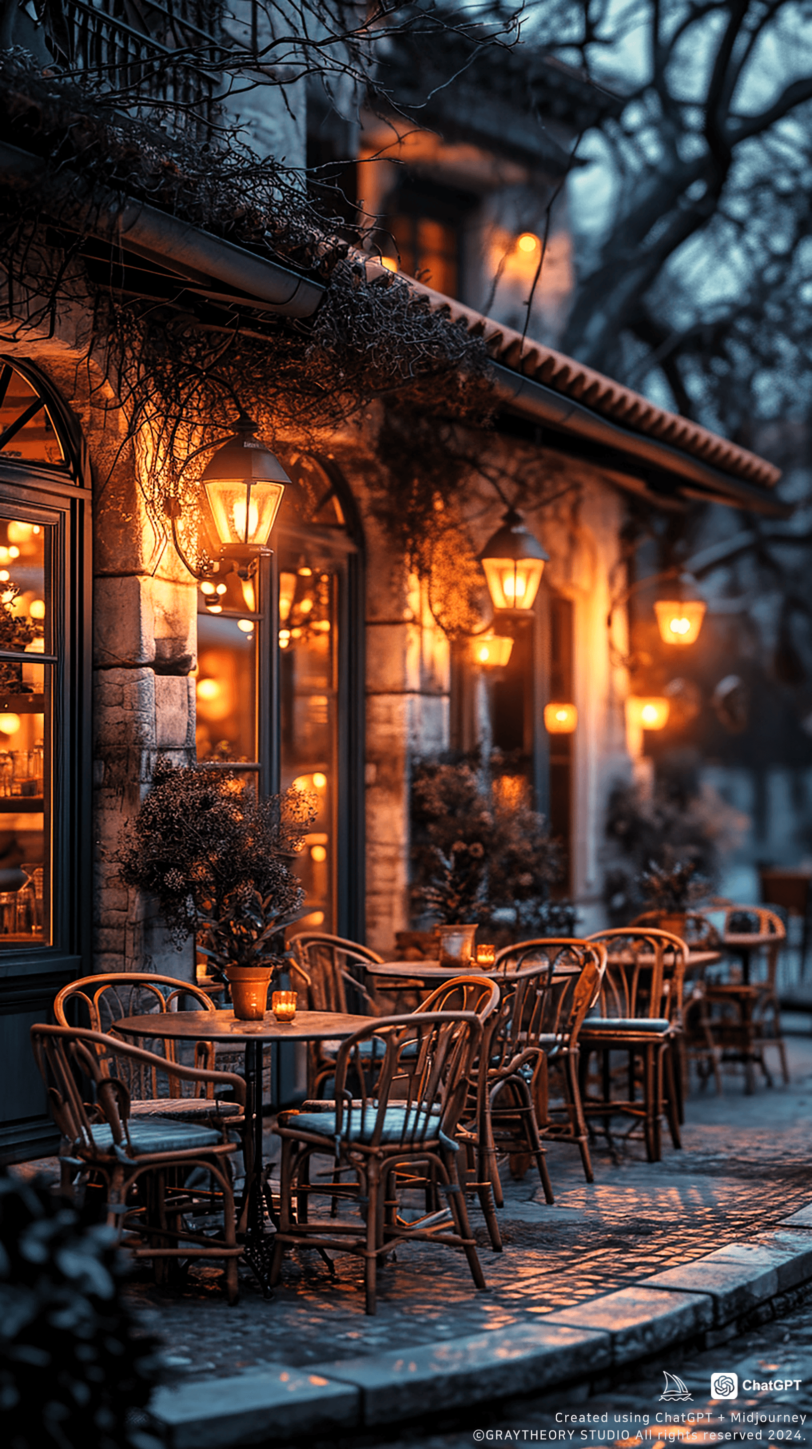 AI generated: Intimate cafe space, front view, Thonet No. 14 chairs, Poul Henningsen lamps, captured with a Fujifi...