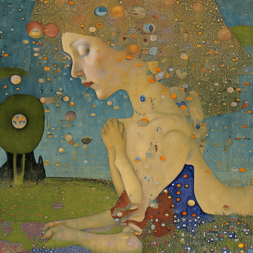 AI generated: ((Bosch)), Klimt and ((Bruegel)) style. Perfect profile  beautiful  sit down full body with a ((shor...