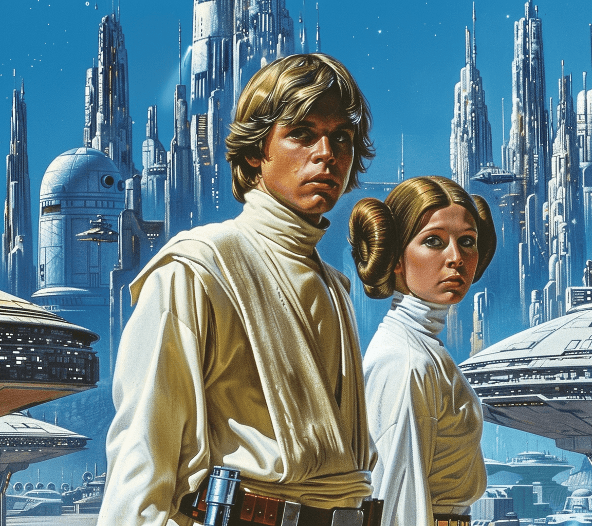 AI generated: 70s dark fantasy book cover art of Princess Leia and Luke Skywalker standing in front of the blue sk...