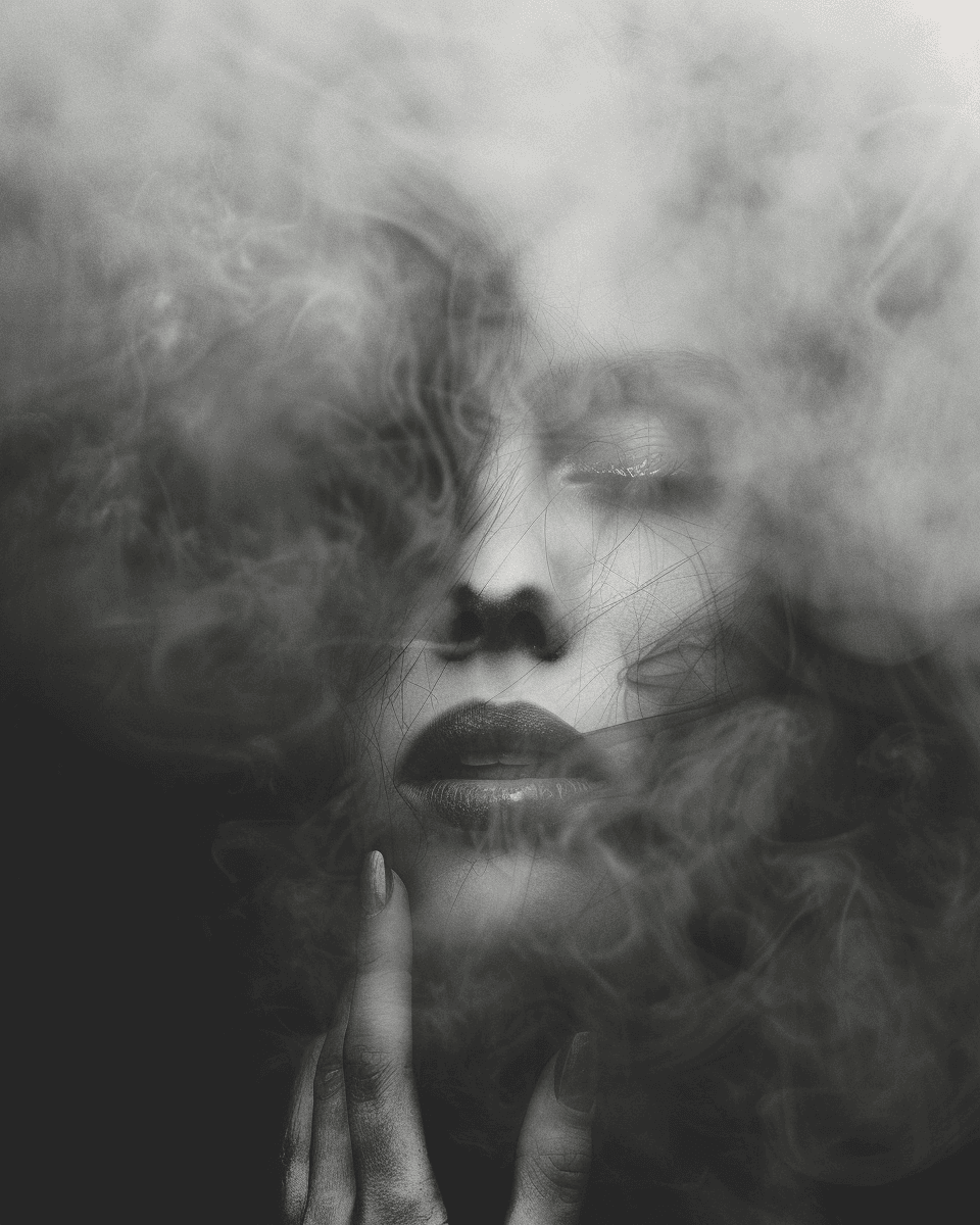 AI generated: A black and white photograph of an abstract female face emerging from fog, with the focus on her eye...