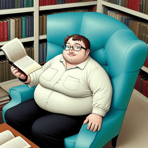 AI generated: A fat lipidic cell reading a book, with glasses and funny eyes. Instead of using a sofa, it is using...