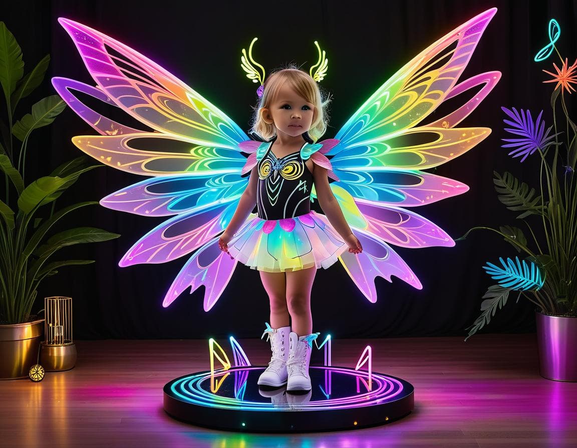 AI generated: This MAJESTIC and GIANT Toddler is styled with neon fairy wings, made of glowing neon rainbow magic,...