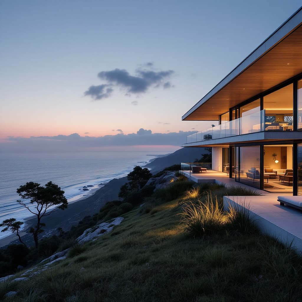 AI generated: Hyper realistic eye level exterior photo of a mid century modern style house overlooking the ocean, ...